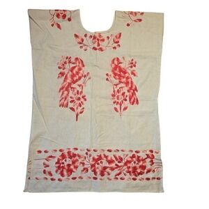Vtg Boho Top Hand Embroidered Bird Floral Manta Cotton Mexican Huipil Midi Dress